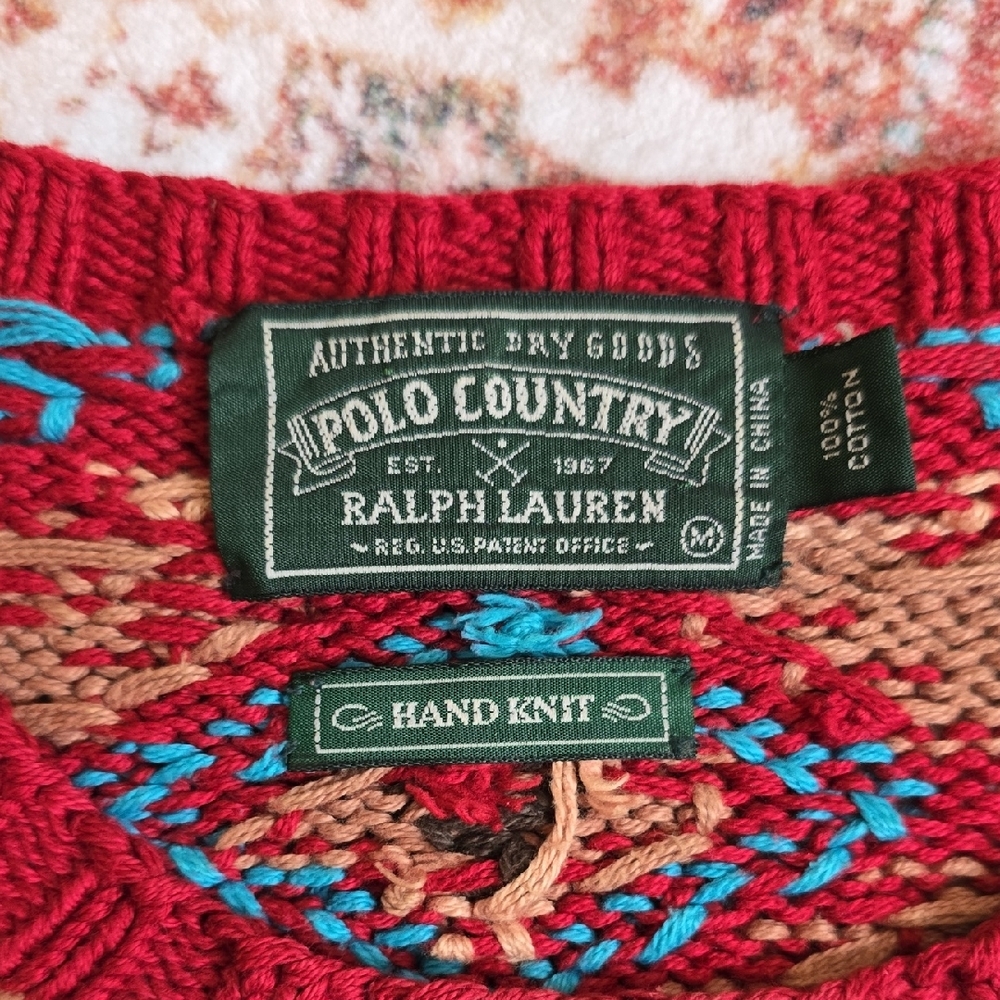 Rare VTG Polo Country Ralph Lauren Red Hand Knit Southwestern Crewneck Sweater - Picture 2 of 7